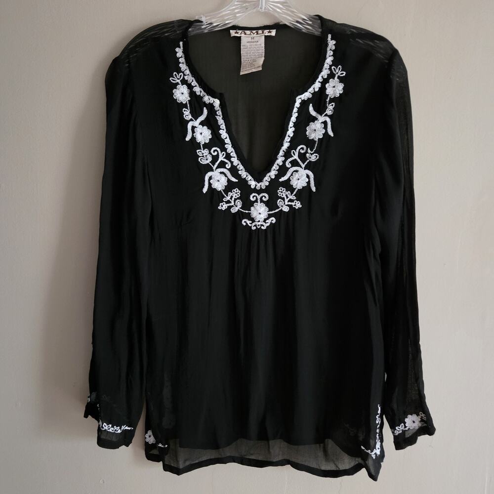 A.M.I. Black Embroidered Boho Blouse Sheer V-Neck Long Sleeve Med Nepal